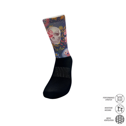 Skull with flowers printed performance cycling socks crew