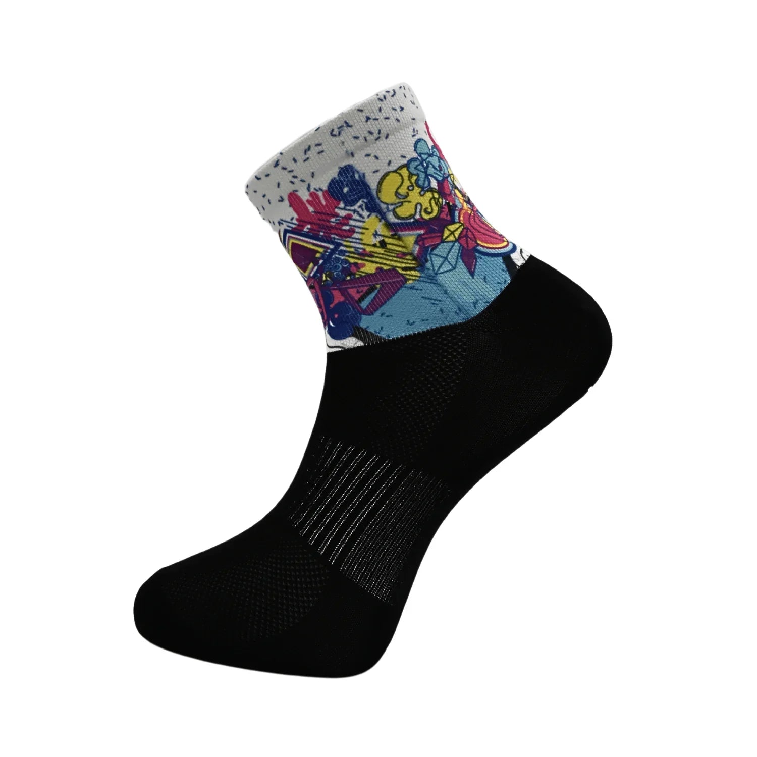 Αθλητικές Κάλτσες Τριάθλου & Ποδηλασίας Speedstroke με πολύχρωμο graffiti σχέδιο και μαύρη βάση για άνεση και σταθερότητα σε ποδηλασία και τρέξιμο.