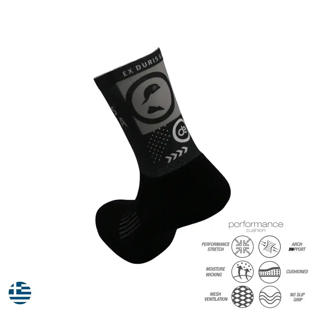 Black athletic performance sock with moisture-wicking, arch support, and cushioned design for running or training.