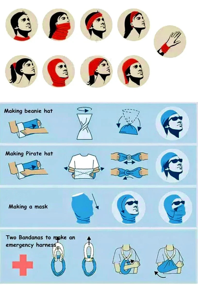 Οδηγίες χρήσης για το πολυλειτουργικό μαντήλι Bandanas-Tubular boho style σε διάφορες μορφές όπως καπέλο, μάσκα και περιλαίμιο.