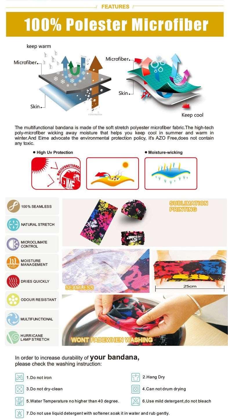 Λεπτομέρειες υλικού για το μαντήλι Bandanas-Tubular boho style από 100% πολυεστέρα μικροΐνας με UV προστασία και απορρόφηση υγρασίας.