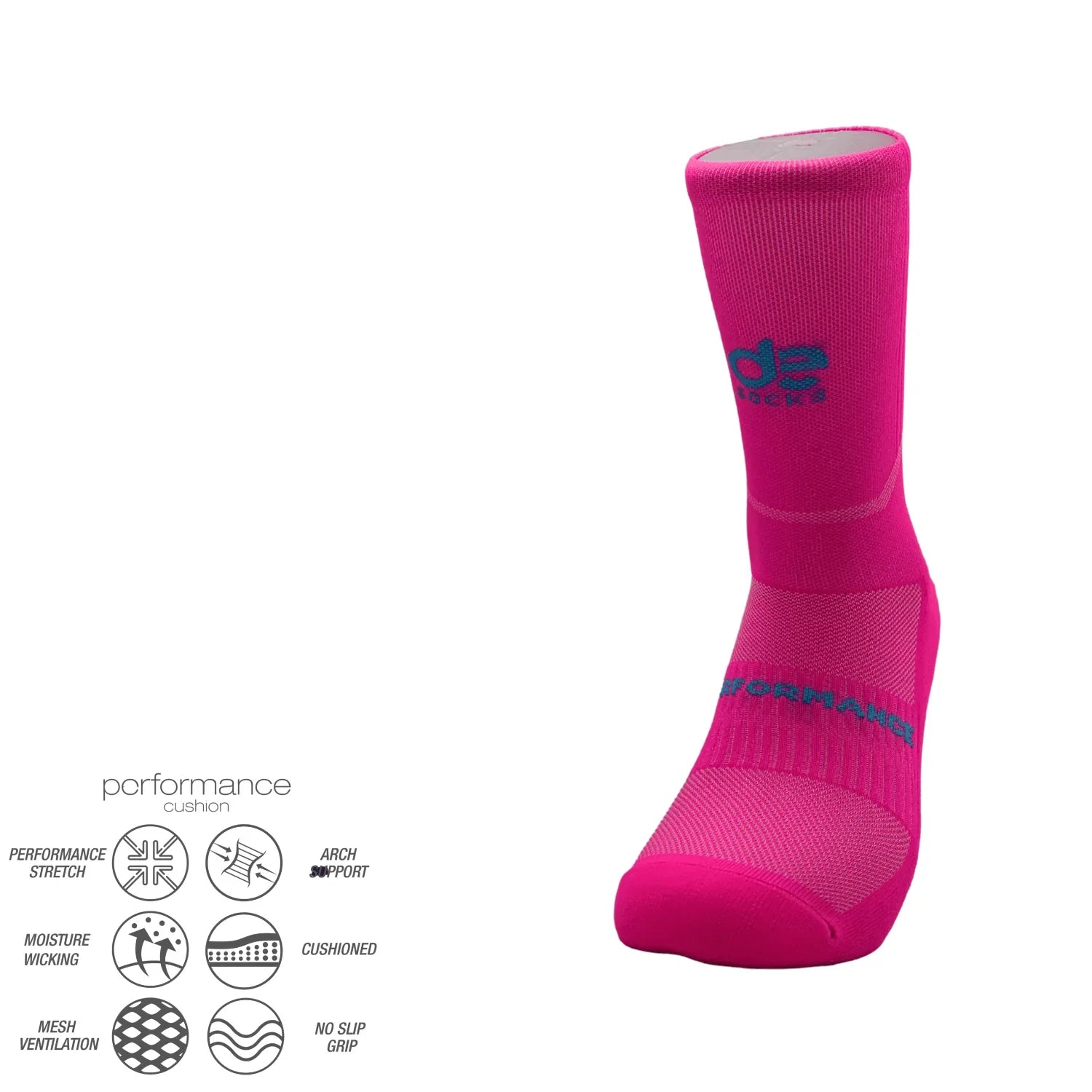 Μονή αθλητική κάλτσα για τρέξιμο performance running socks D/Q σε ροζ χρώμα με μπλε λογότυπο, σχεδιασμένη για σταθερότητα και άνεση σε κάθε διαδρομή.