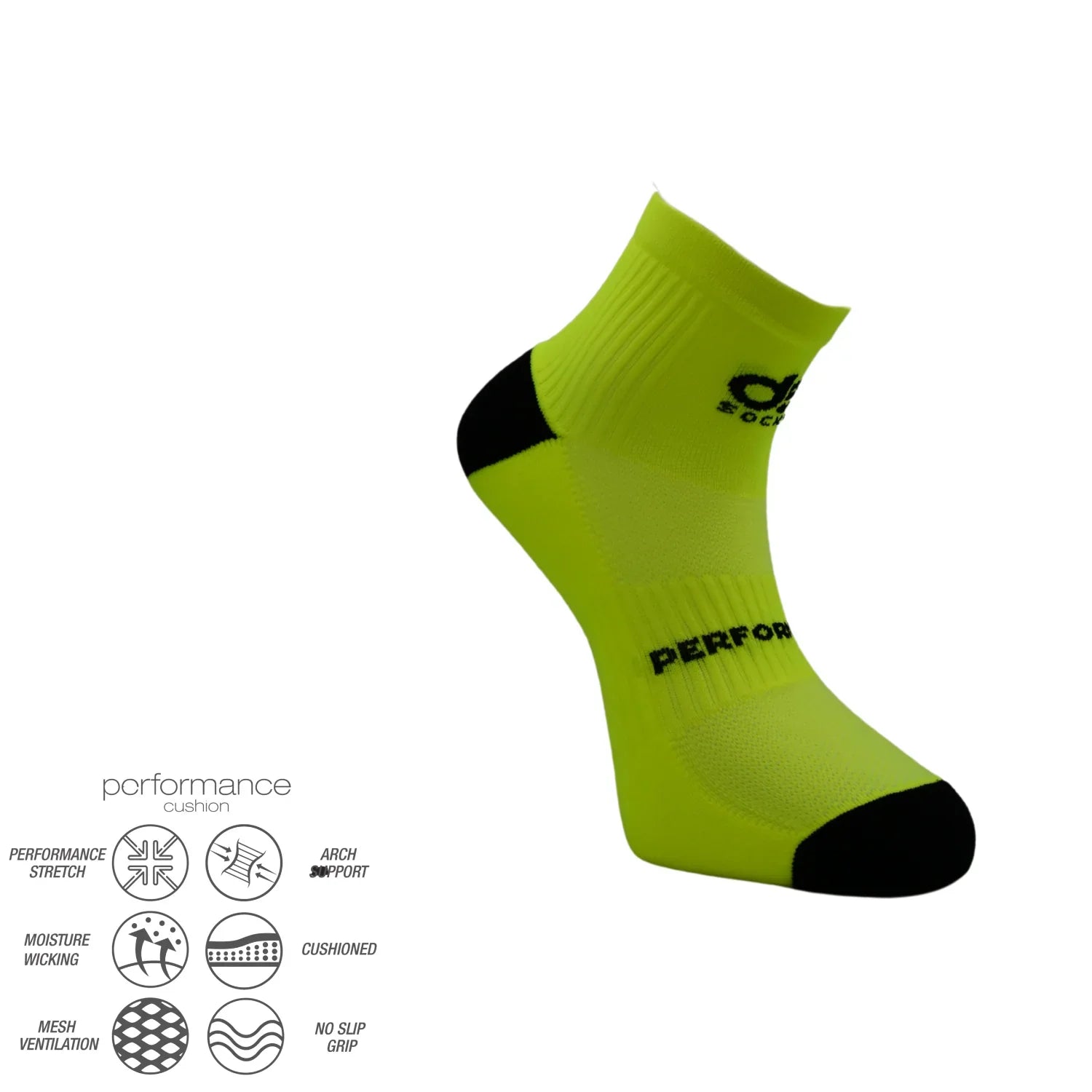 Ανθεκτικές αθλητικές κάλτσες deSocks lime με διαπνέουσα πλέξη και υποστήριξη καμάρας για άνεση στο τρέξιμο. Σχεδιασμένες για απόδοση και σταθερότητα.